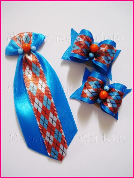 Conjunto Gravata + Laços Azul/Xadrez